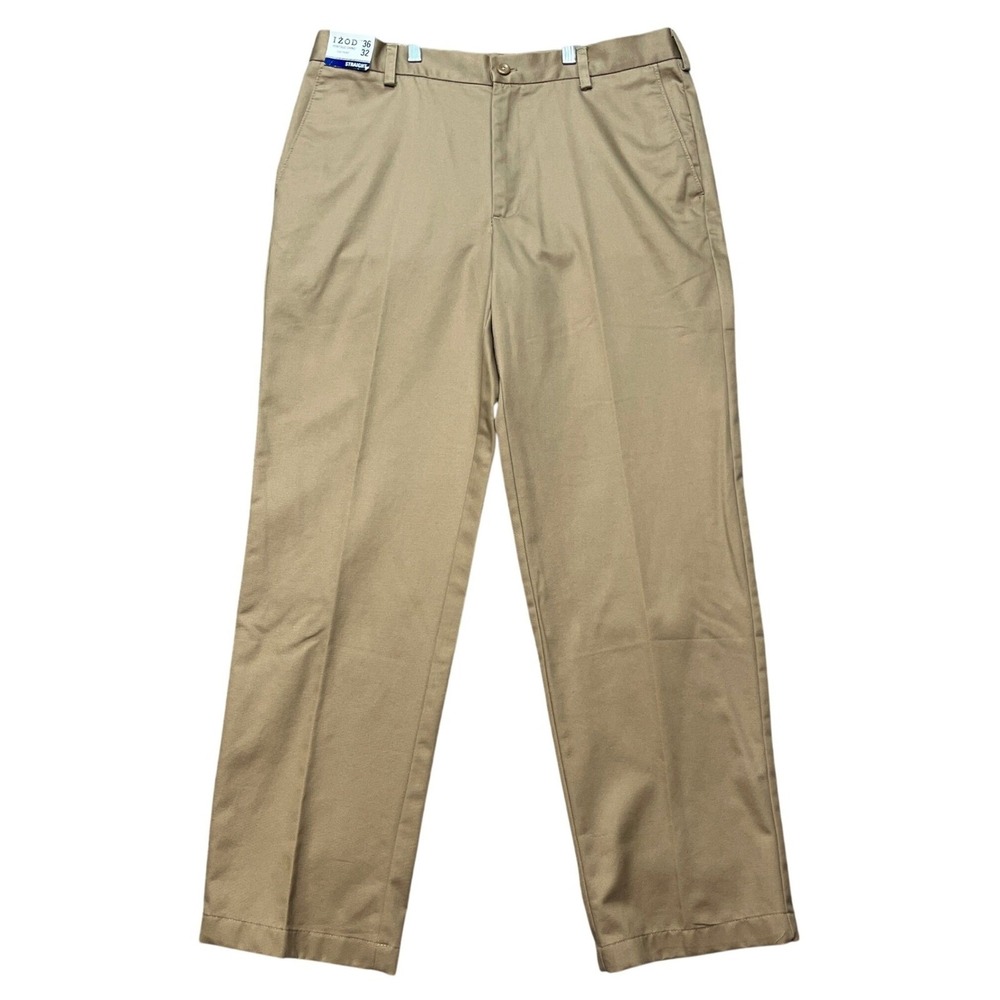 IZOD Heritage Chino Pants Mens 36x32 Khaki Straight Fit Flat Front Wrinkle Free